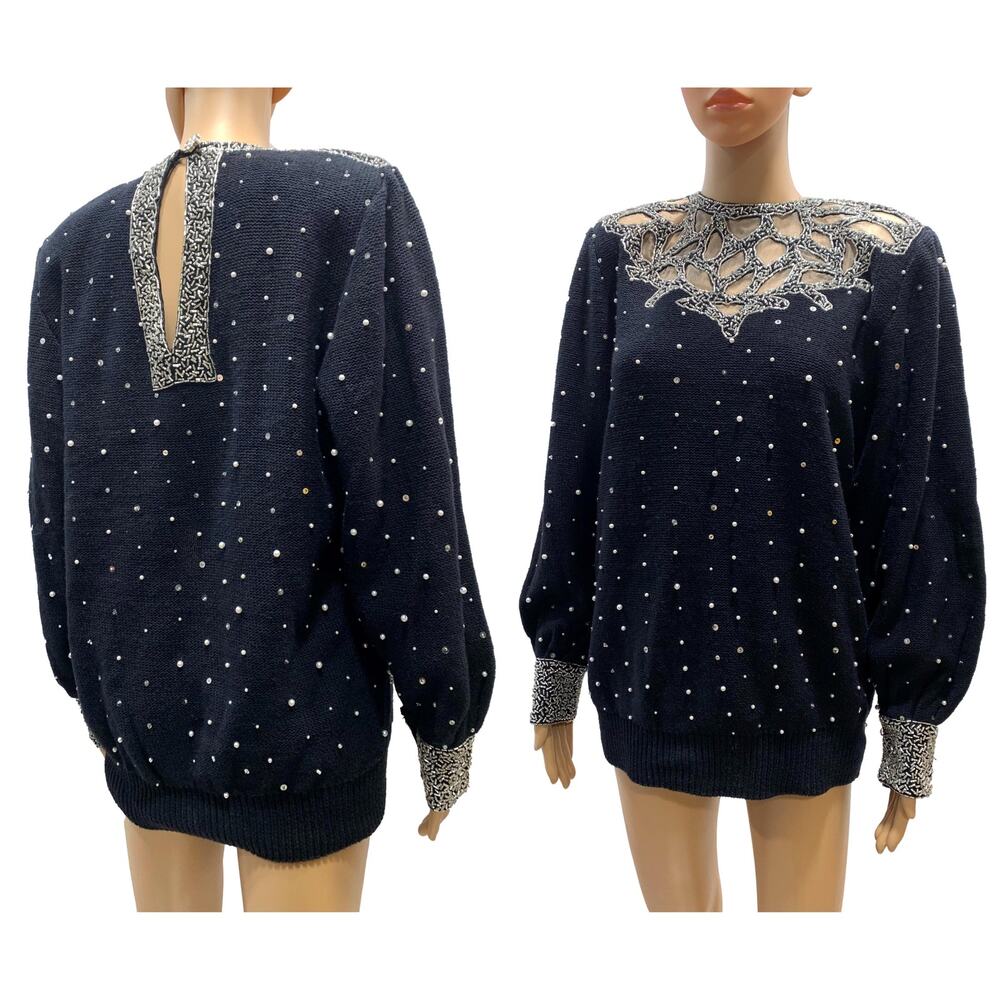 80s Bonnie Boerer Black Beaded Trophy Sweater w Pearls | 1989 | S/M